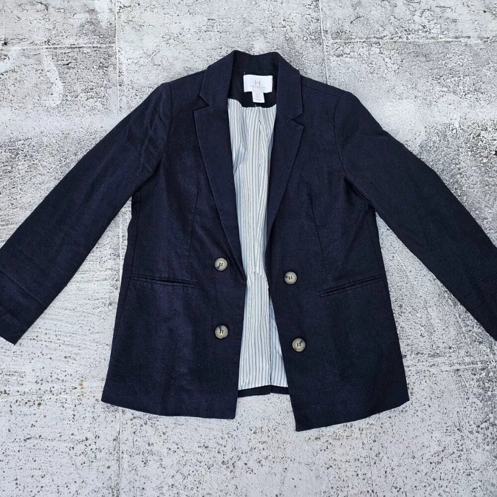 H by Halston Women Blazer Blue Navy Linen Blend Open Front jacket Size M - Picture 5 of 9